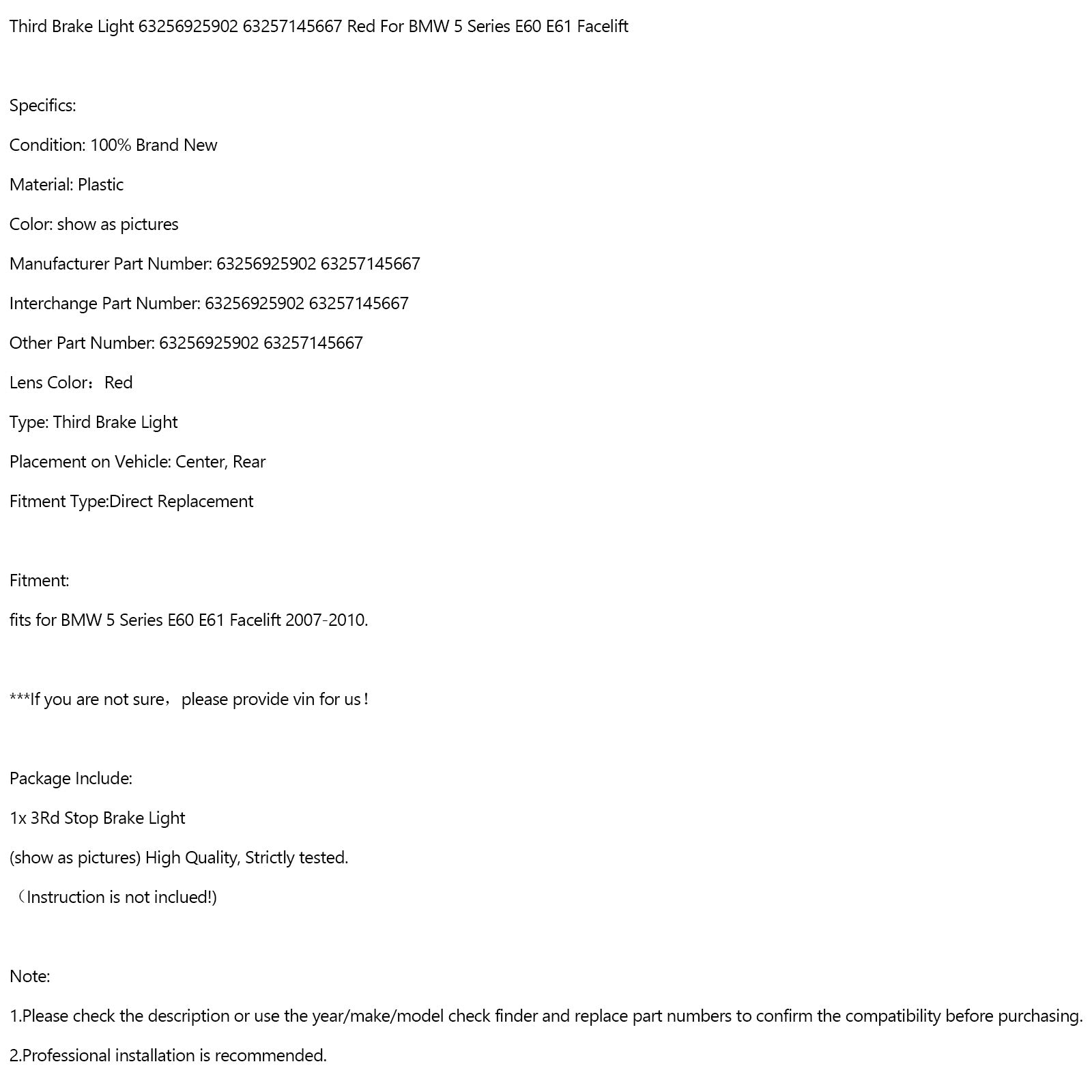 2007 - 2010 BMW Series 5 E60 E61 Facelift Tercero Light Red Bakes 63256925902 6325714567
