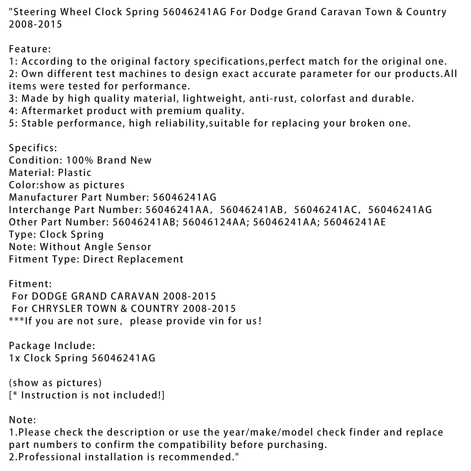 Ohjauspyörän kellon jousi 56046241AG Dodge Grand Caravan Town 2008-2015