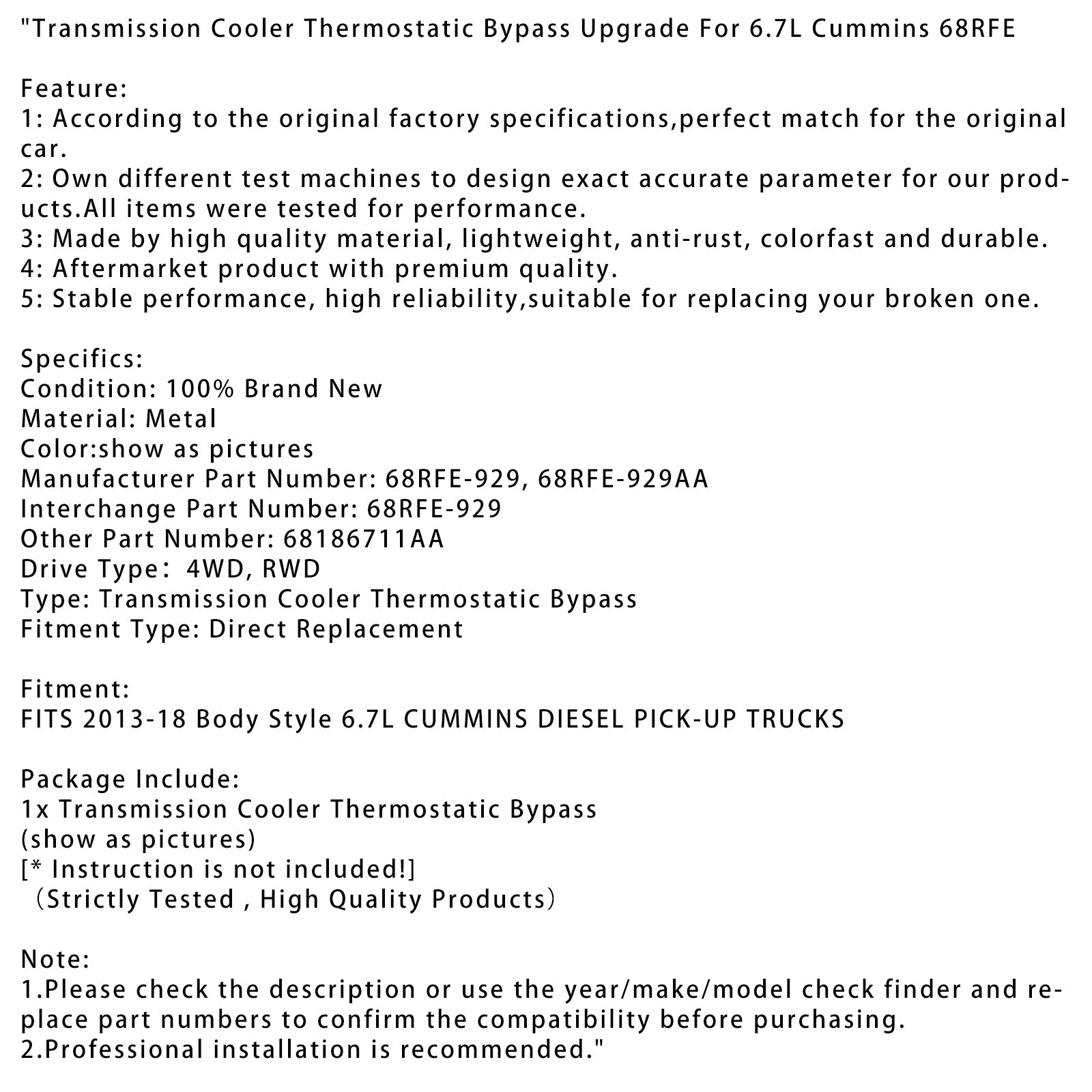 Cummins Diesel Vans 6,7 L telesa Style 2013-2018, nadgradnja sistema termostatskega izpeljave hladilnika 68RFE-929