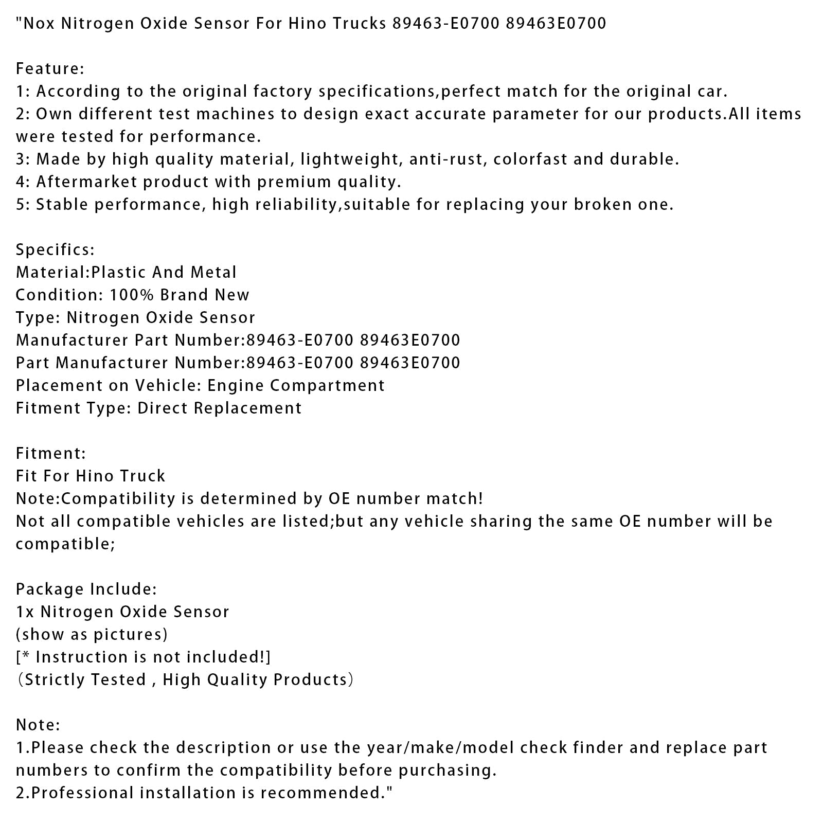 Sensor'oxide d&Stikstof NOx voor Hino vrachtwagens 89463-E0700 89463E0700