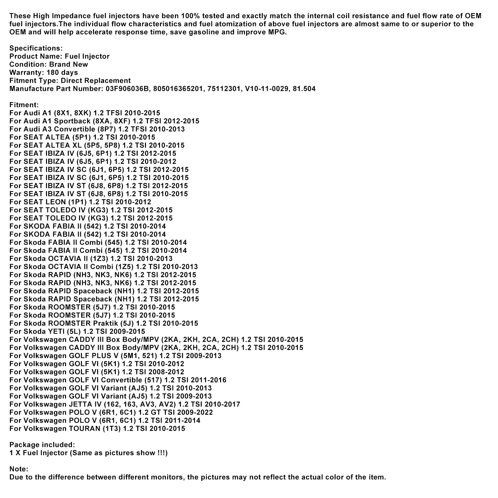 Injektor za gorivo 1 kos 03F906036B za Audi A1 A3 za VW Beetle Golf 6 1.2 TSI/TSFI