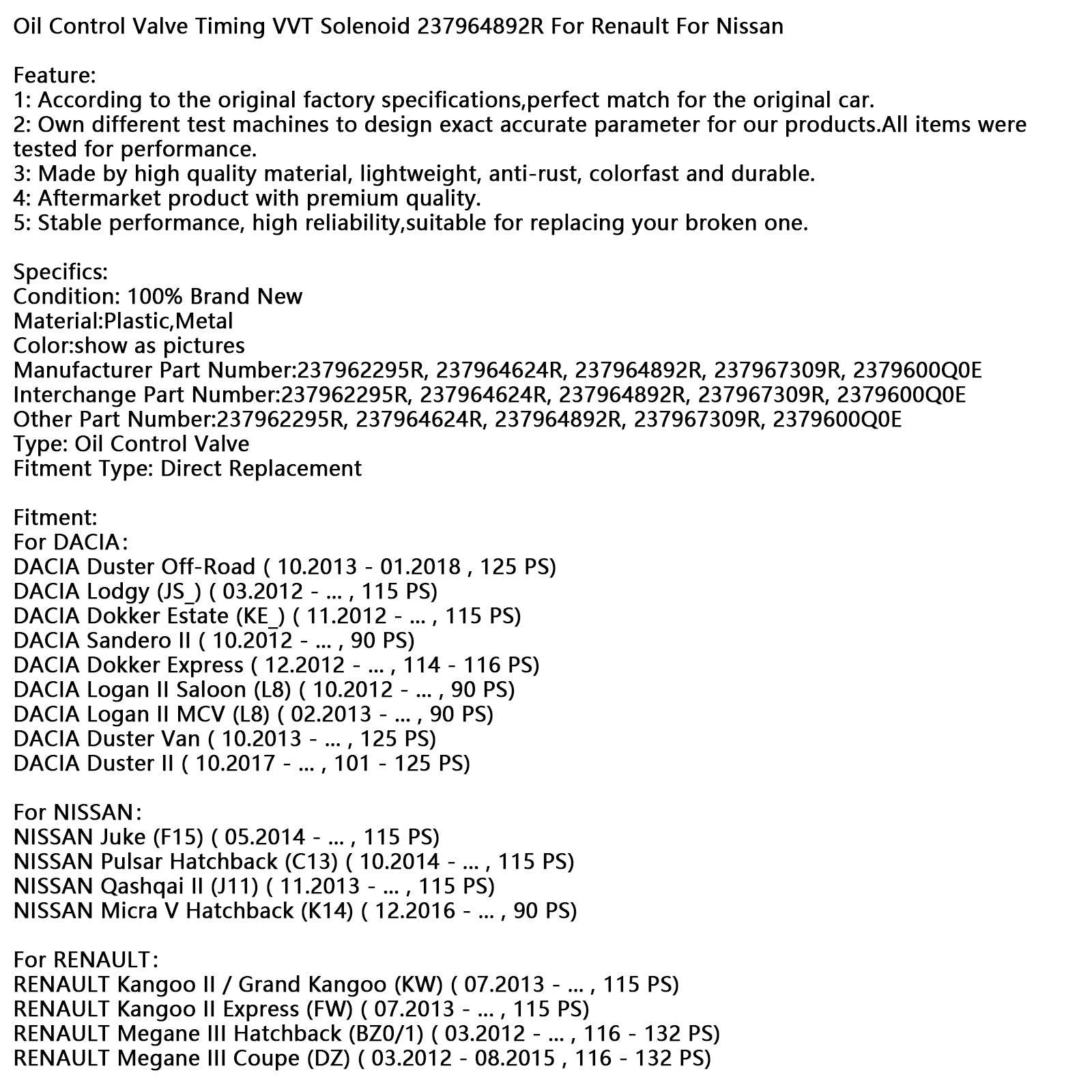Razdelilni elektromagnetni ventil'VVT olje 237964892R za Renault in Nissan