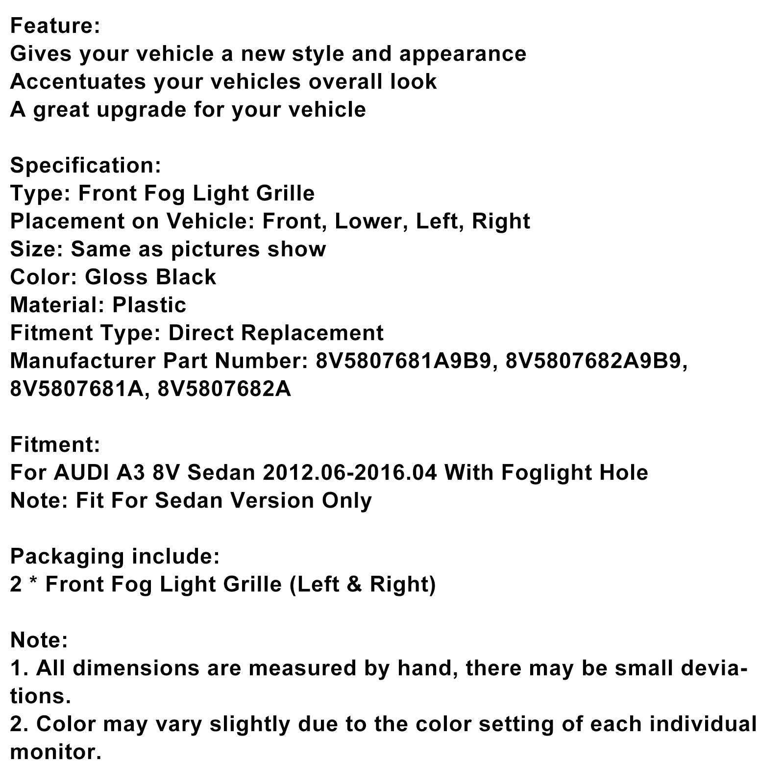 Beschermende roosters voor glanzende zwarte front mistlichten voor Audi A3 8V sedan 2013-2016