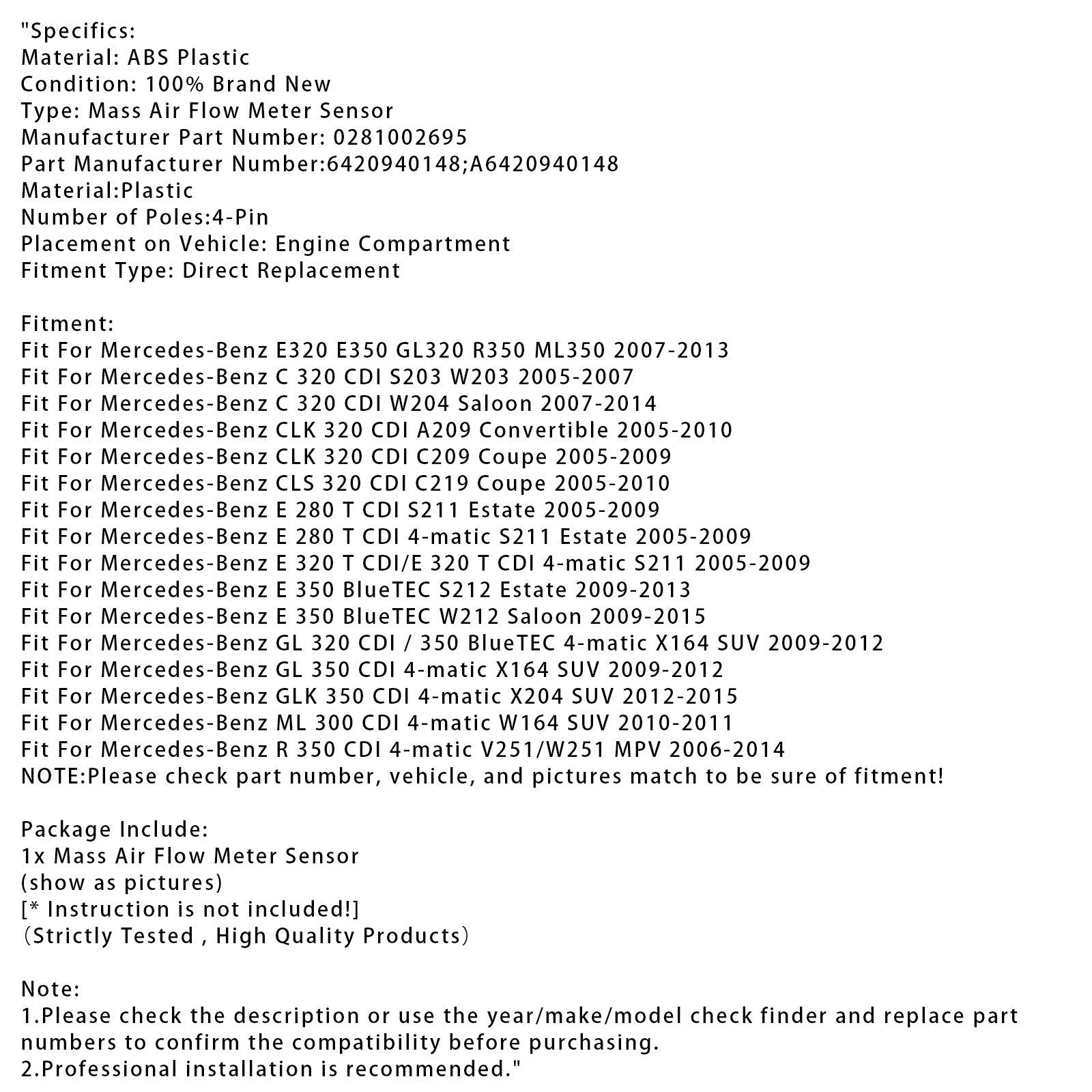 Sensore del misuratore di portata d&#39;massa d'aria per Mercedes E350 ML350 E320 R320 0281002695