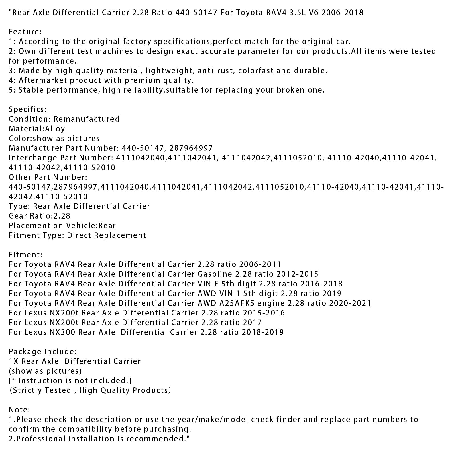 Taka-akselin differentiaalituki, raportti 2.28 440-50147 Toyota RAV4 3,5 L V6 2006-2018