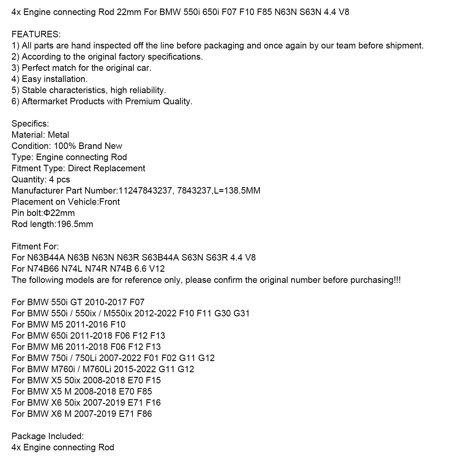4x 22 mm di collegamento del motore per BMW 550i 650i F07 F10 F85 N63N S63N 4.4 V8