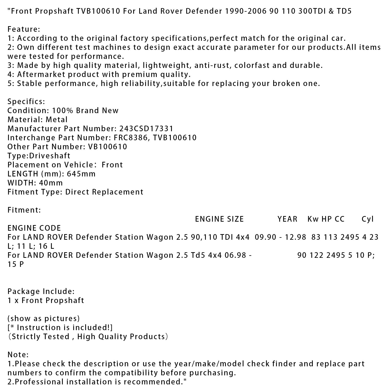 TVB100610 Przednie drzewo transmisji dla Land Rover Defender 1990-2006 90 110 300TDI i TD5