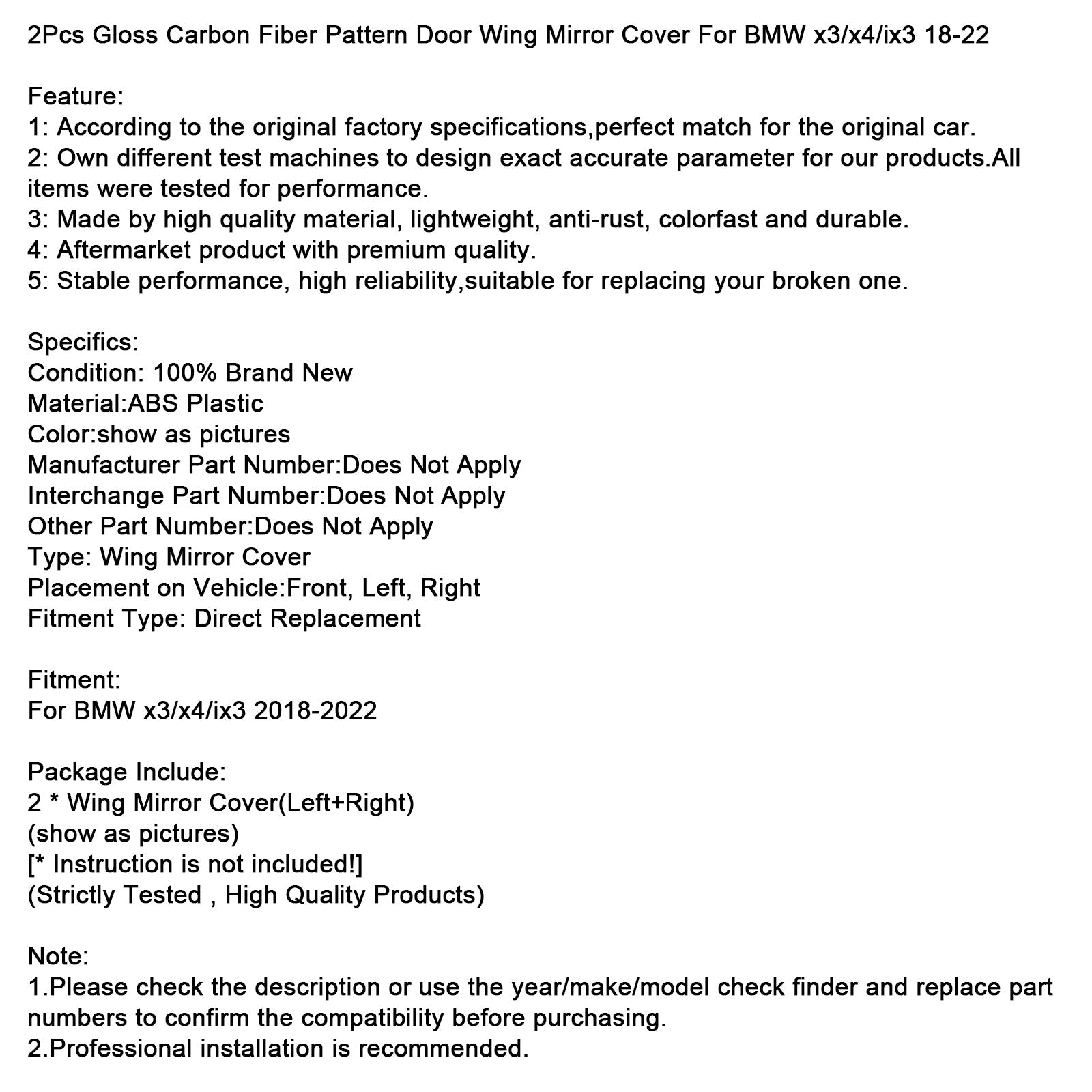 Coques de rétroviseurs extérieurs (2 pièces) à motif fibre de carbone brillant pour BMW X3/X4/IX3 (2018-2022)