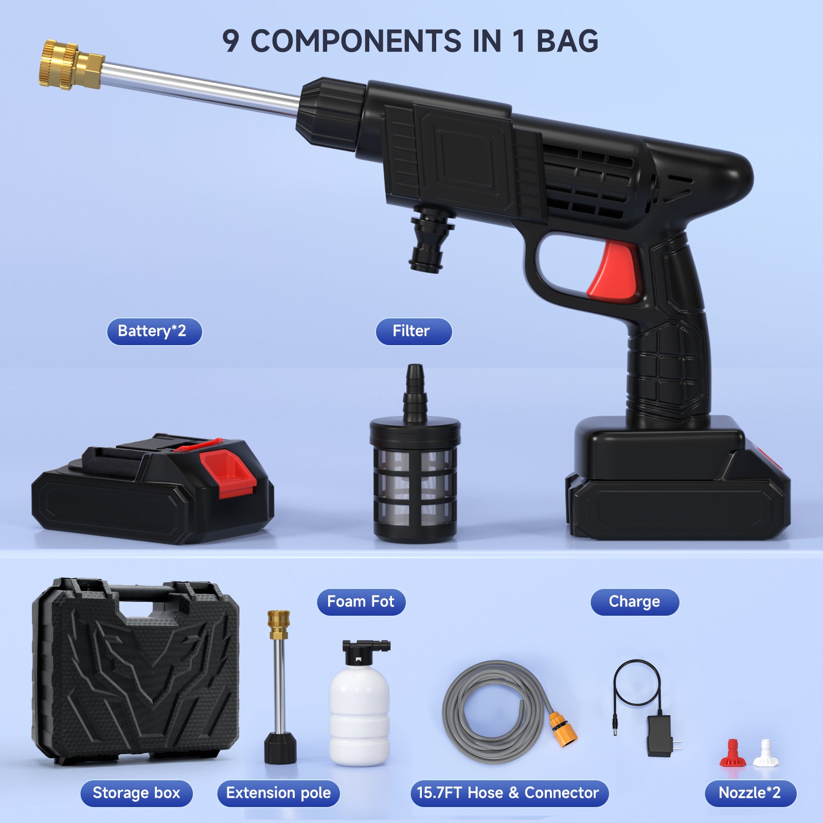 Gigent hogedrukauto -reiniger - 24V batterij - 2x6mAh - 26 staven - zwarte buikspieren