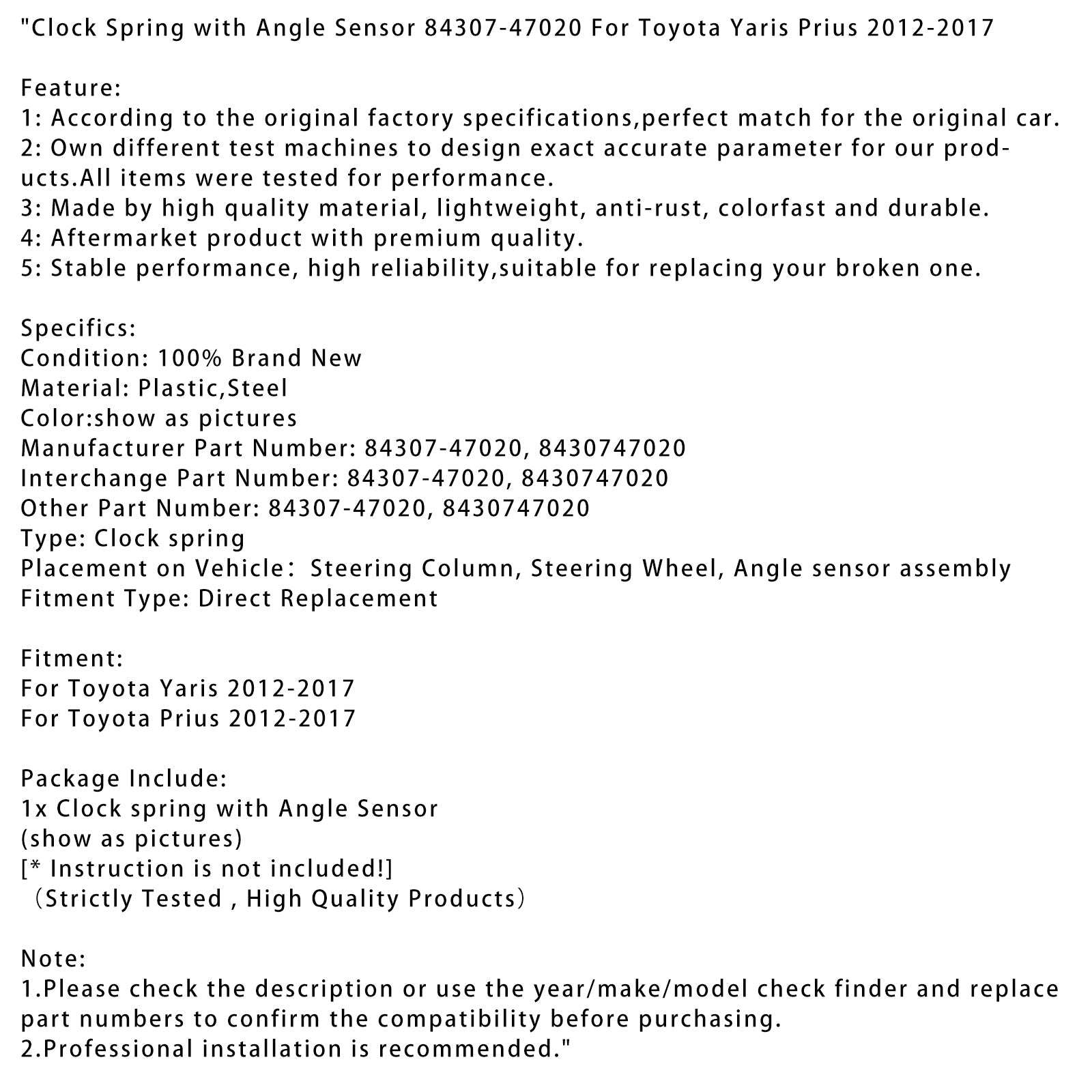 Reloj Spring con sensor de esquina para Toyota Yaris 2012-2017 84307-47020 8430747020