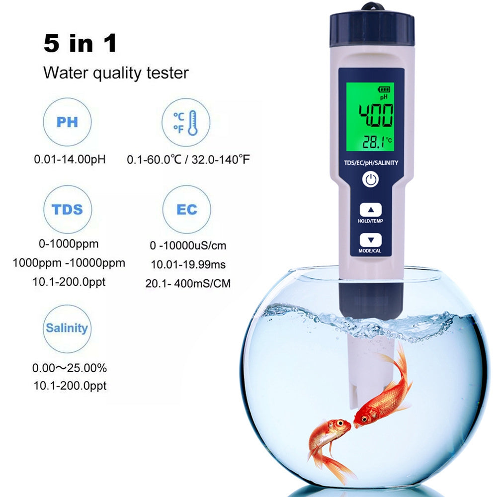 Tester digitale della qualità dell'acqua 5 in 1 PH/TDS/EC/salinità/temperatura