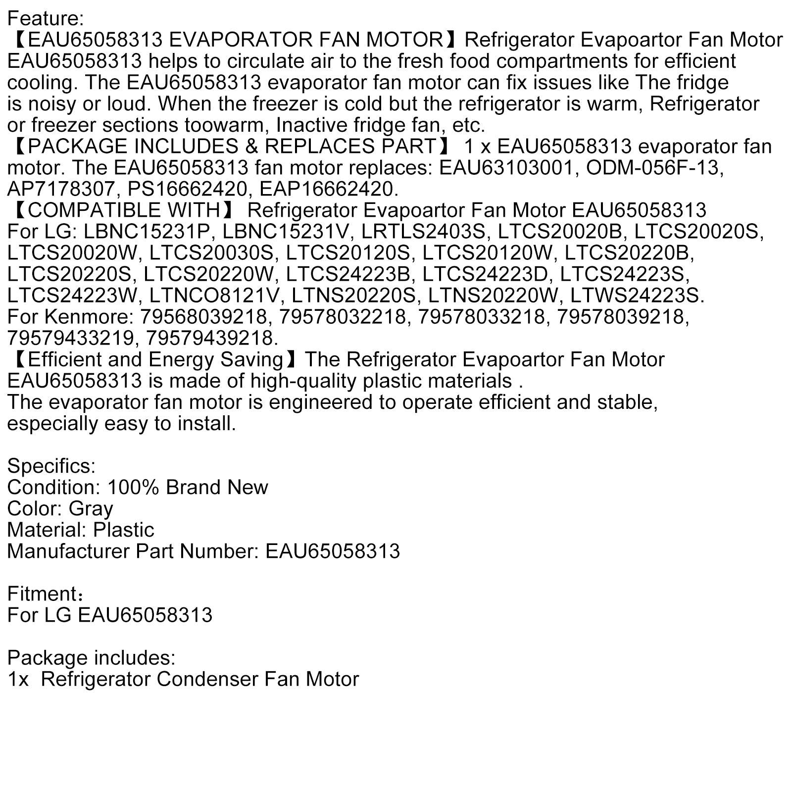 Moteur de ventilateur d'évaporateur de réfrigérateur, accessoires de remplacement pour LG EAU65058313