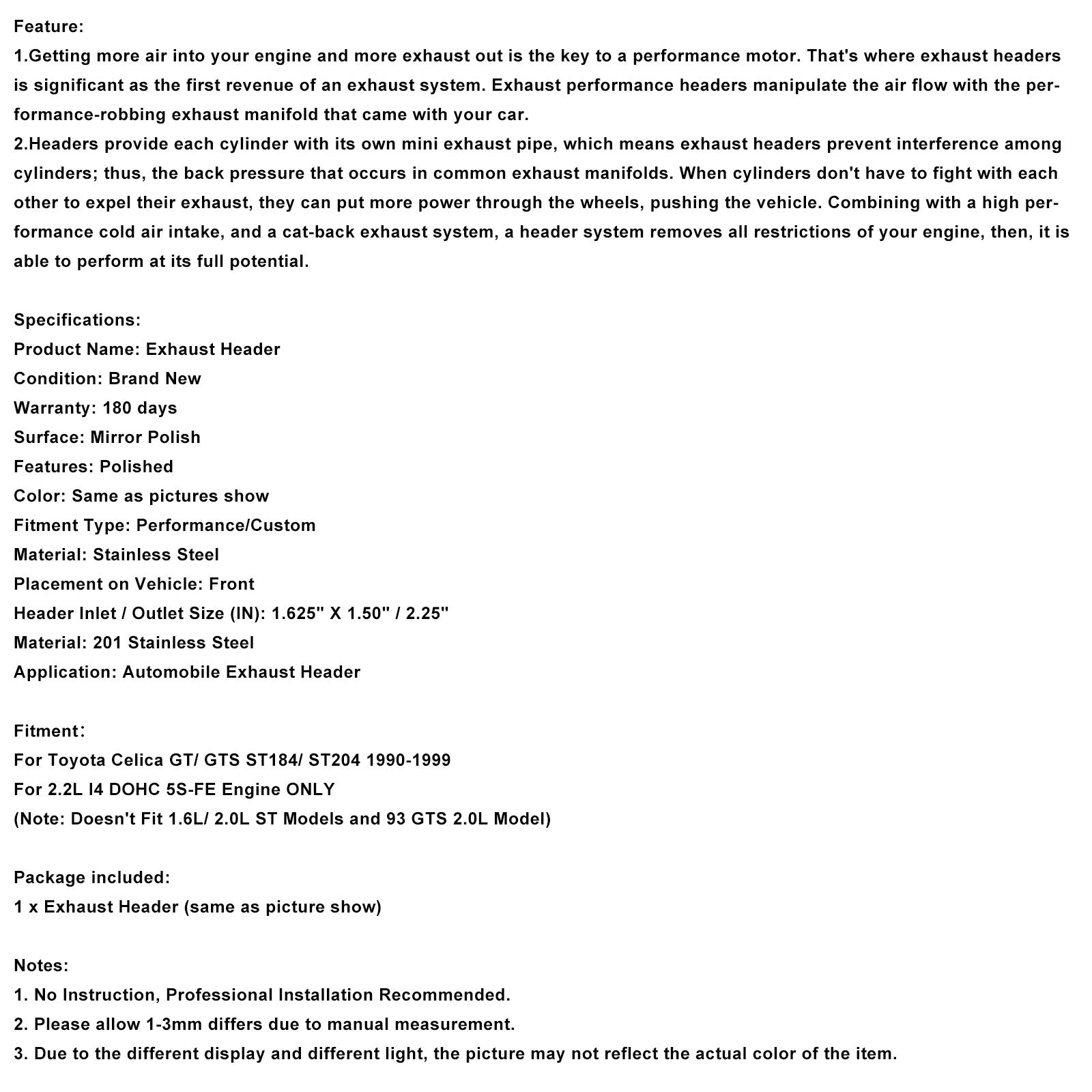 Collecteur d'échappement en acier inoxydable compatible avec les Toyota Celica GT/GTS 2.2L (1990-1999).