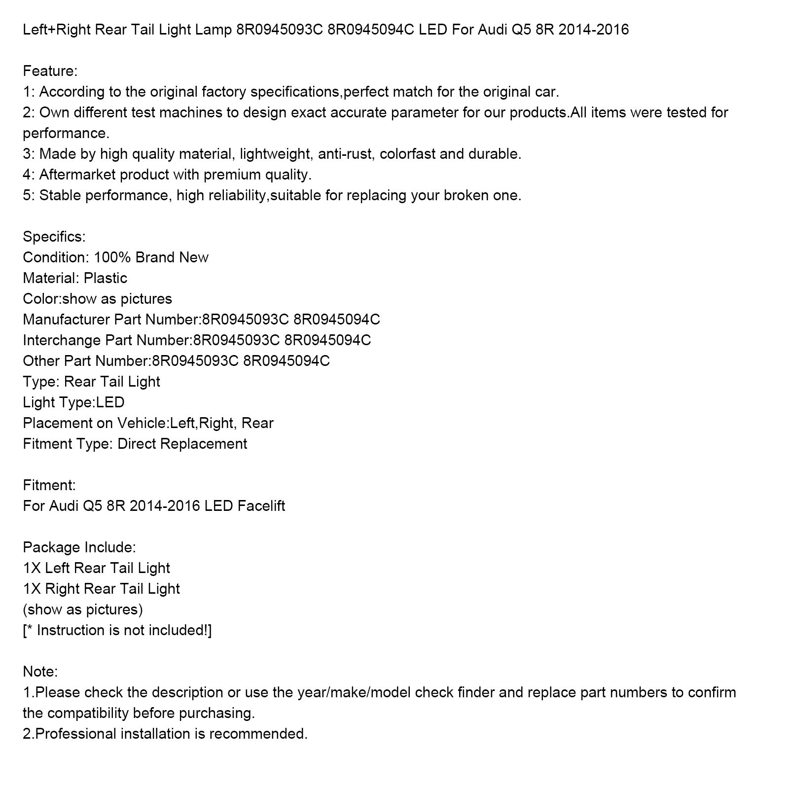 Par de luces traseras L + R 8R0945094C/93C LED para Audi Q5 8R 2014-2016