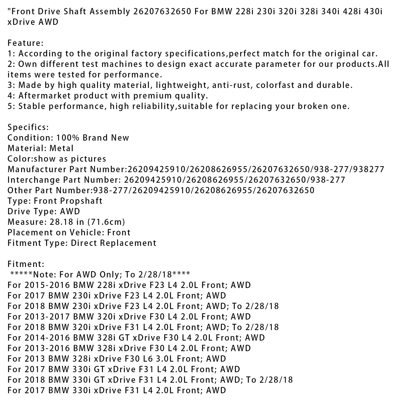 Drevo sprednjih menjalnikov z vsemi pogonskimi pogon 2018 BMW 230i XDrive F23 L4 2,0L 26207632650 26209425910