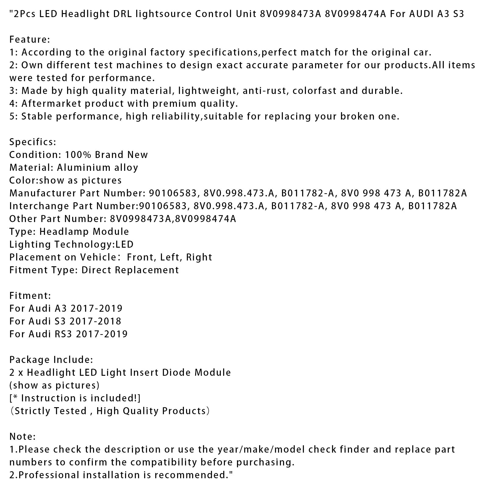Unità di controllo della fonte luminosa dei fari LED LED per Audi S3 2017-2018, 2 pezzi, 8v0998473a 8v0998474a