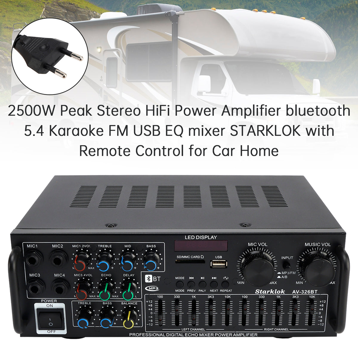 Bluetooth 5.4 HiFi 2500W Peak stéréo Power Amplificateur Karaoké FM USB EQ Mixer