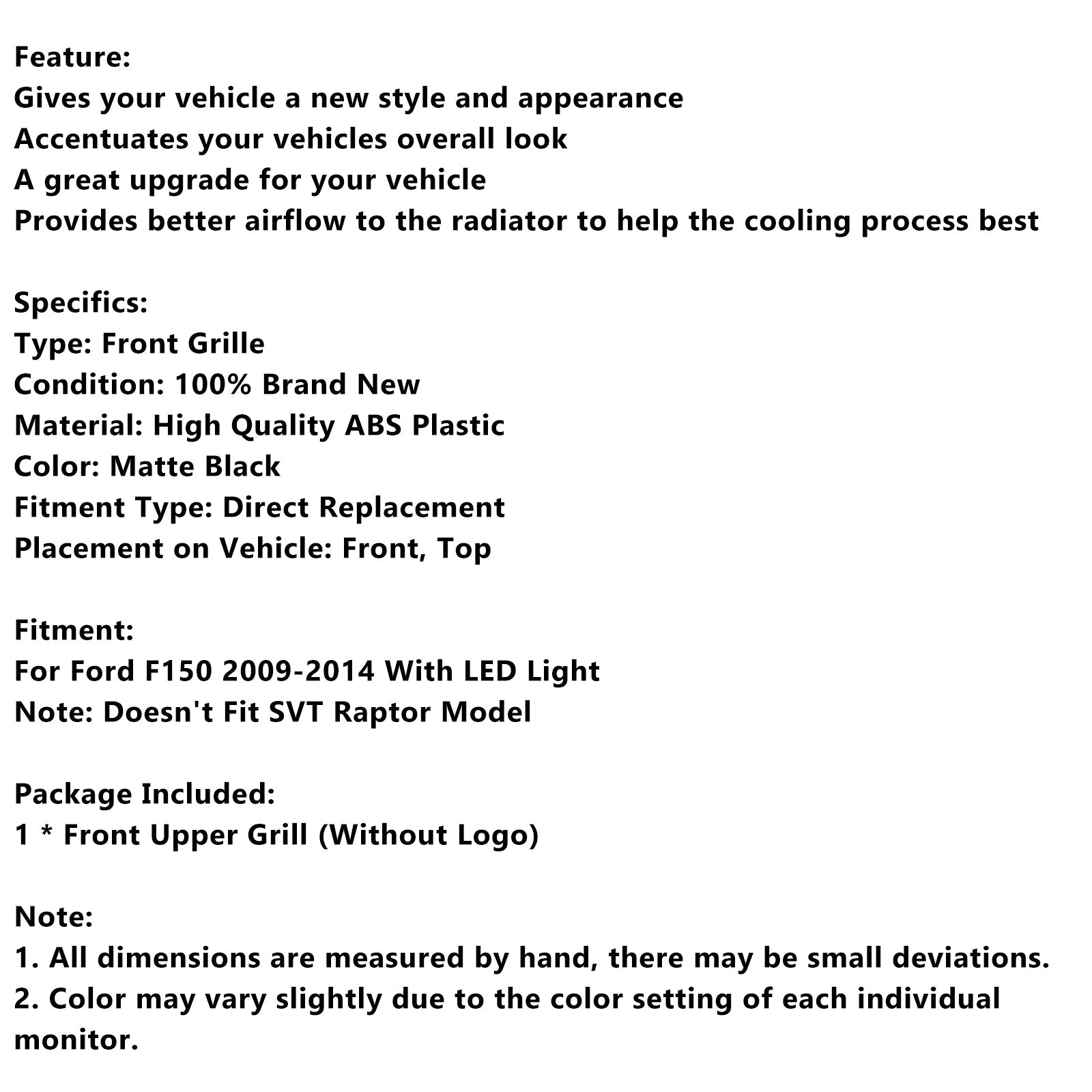 Grille de Bumper Front Style Raptor Mat Raptor con LED per Ford F150 2009-2014