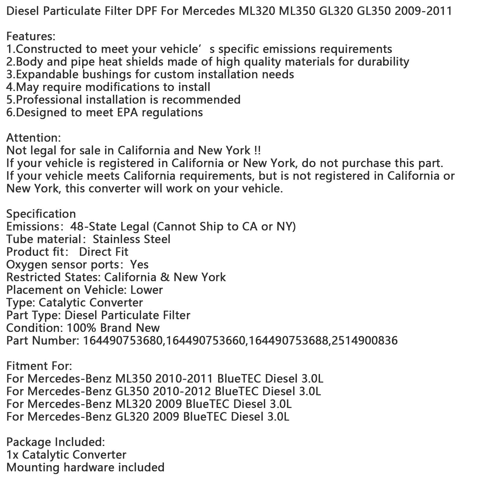 Filter trdnih delcev DPF 164490753680 164490753660 za Mercedes-Benz ML350 BlueTEC Diesel 3.0L 2010-2011