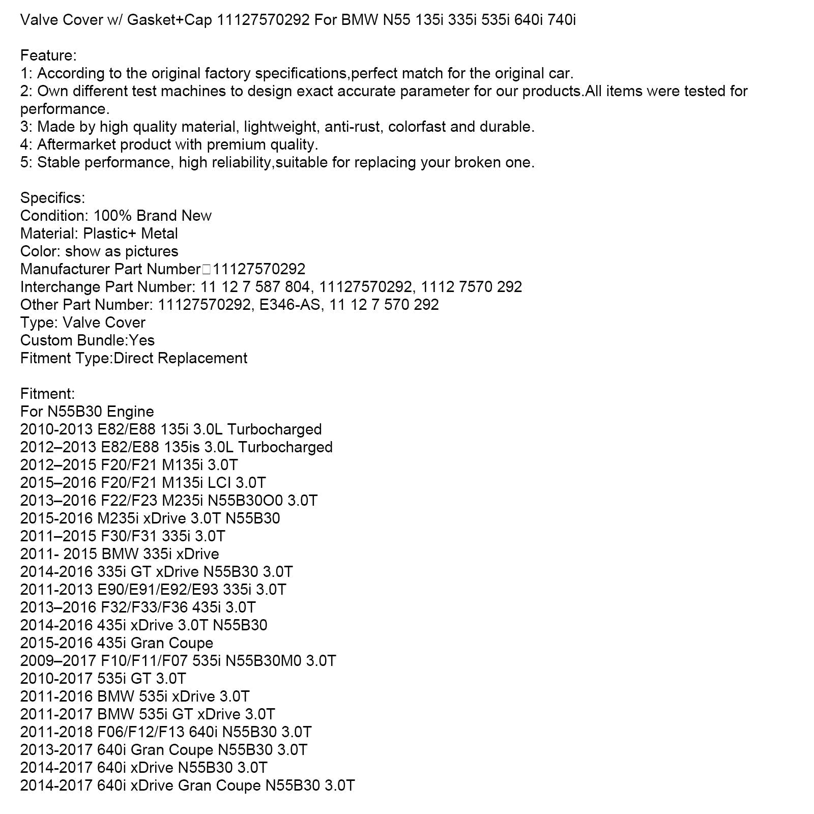 2010-2013 BMW E82/E88 135i 3.0L Turbocharged N55B30 Tapa de válvula de motor con junta + tapa 11127570292