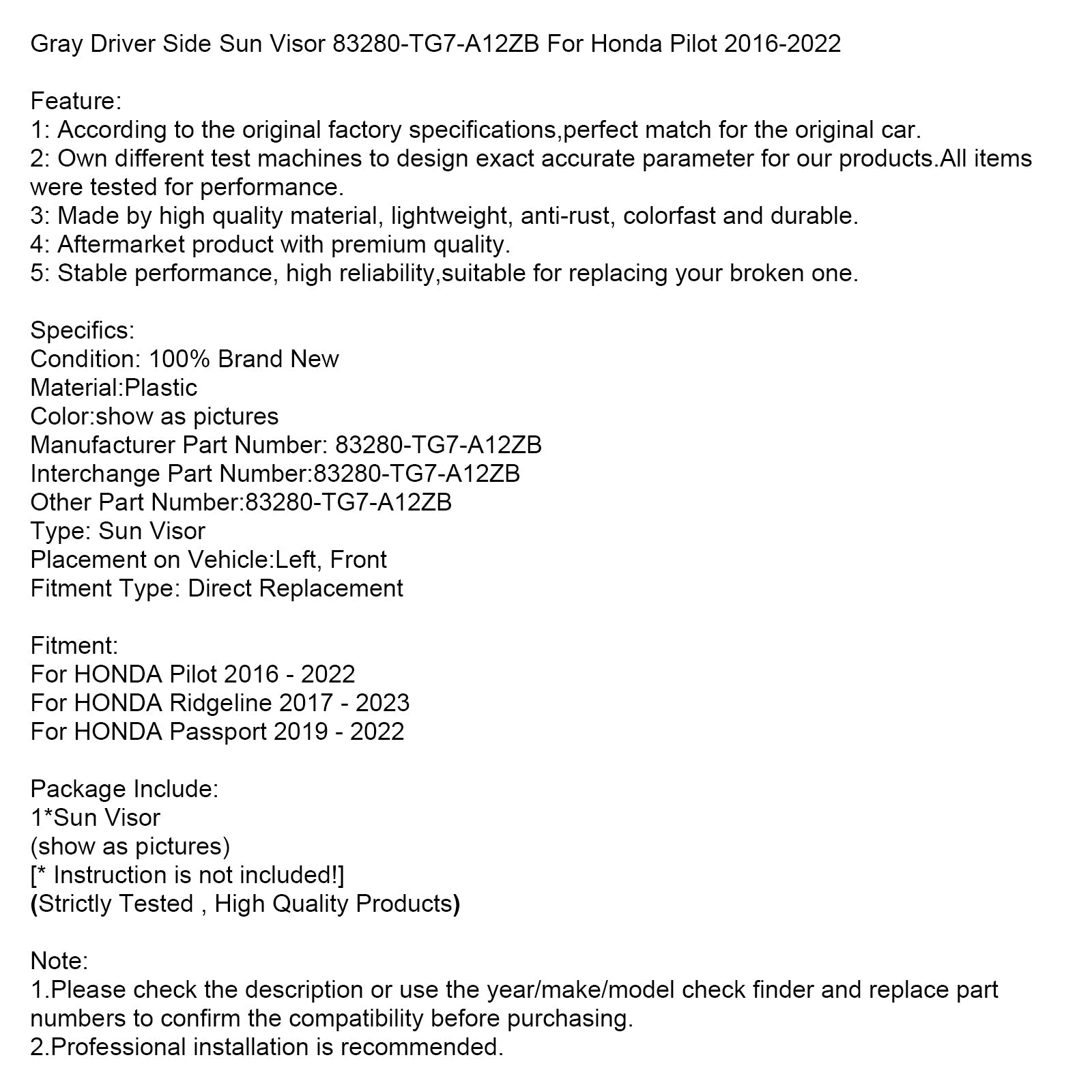 Grey Sun Visor je ostal na levi strani 83280-TG7-A12ZB za Honda Pilot 2016-2022
