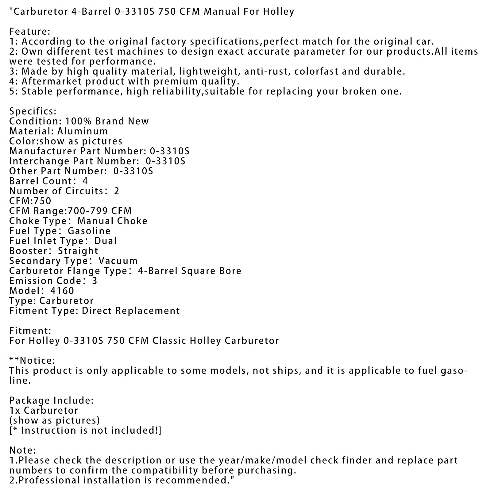 Carburateur 4-Barrel 0-3310S 750 CFM Manuel Pour Holley