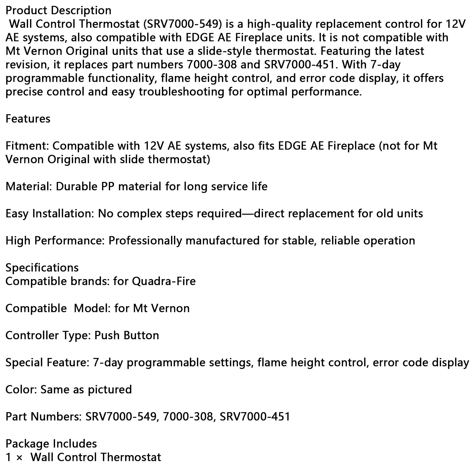 Termostato de pared SRV7000-549 compatible con Quadrafire Mt Varnon AE
