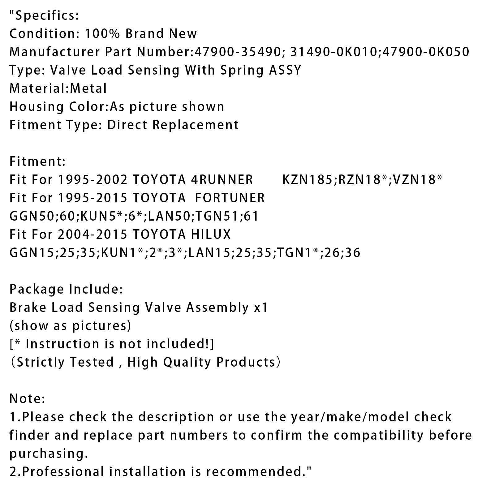 Zawór wykrywania hamulca ze sprężyną dla Toyota Fortner 1995-2015 (47900-35490)