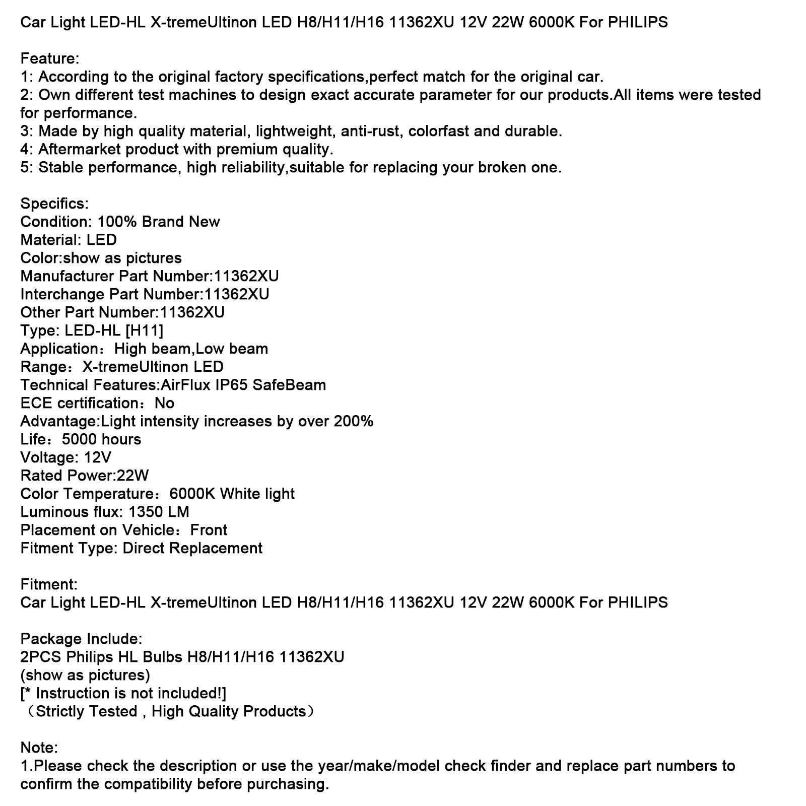 LED-HL X-TREMULTINON LED H8/H11/H16 11362XU 12V 22W CAR Lighthouse para Philips