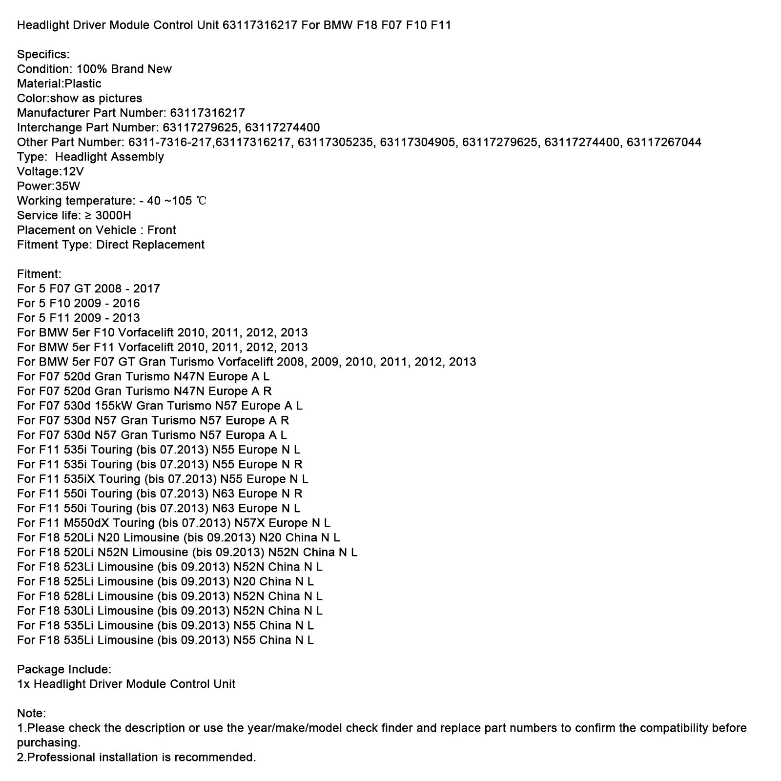Enota za krmiljenje modula svetilnika 63117316217 za BMW F18 F07 F10 F11