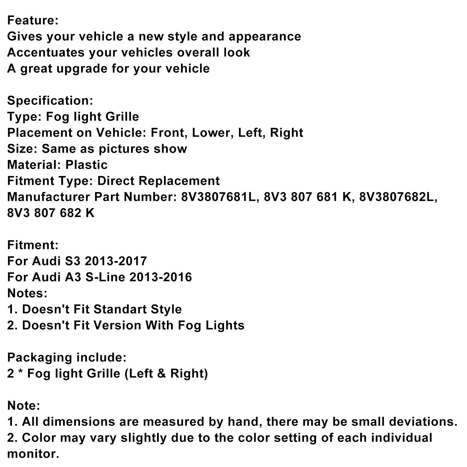 Spodnja zaščitna mreža sprednjih meglenih luči za Audi A3 S3 S-Line 2013-2016