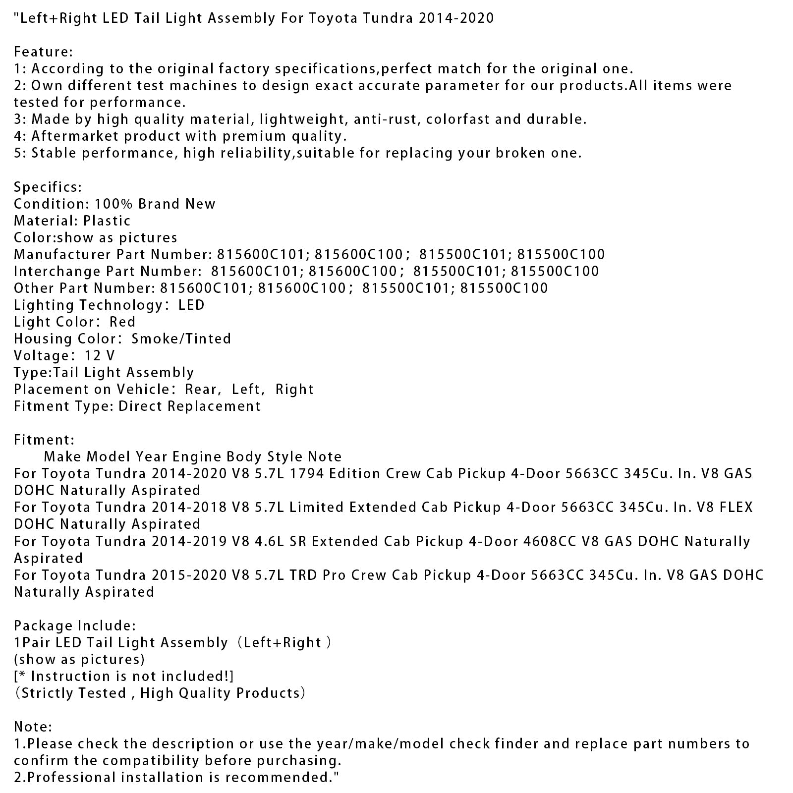 Conjunto de luz trasera LED izquierda y derecha para Toyota Tundra 2014-2020 815600C101 815600C100