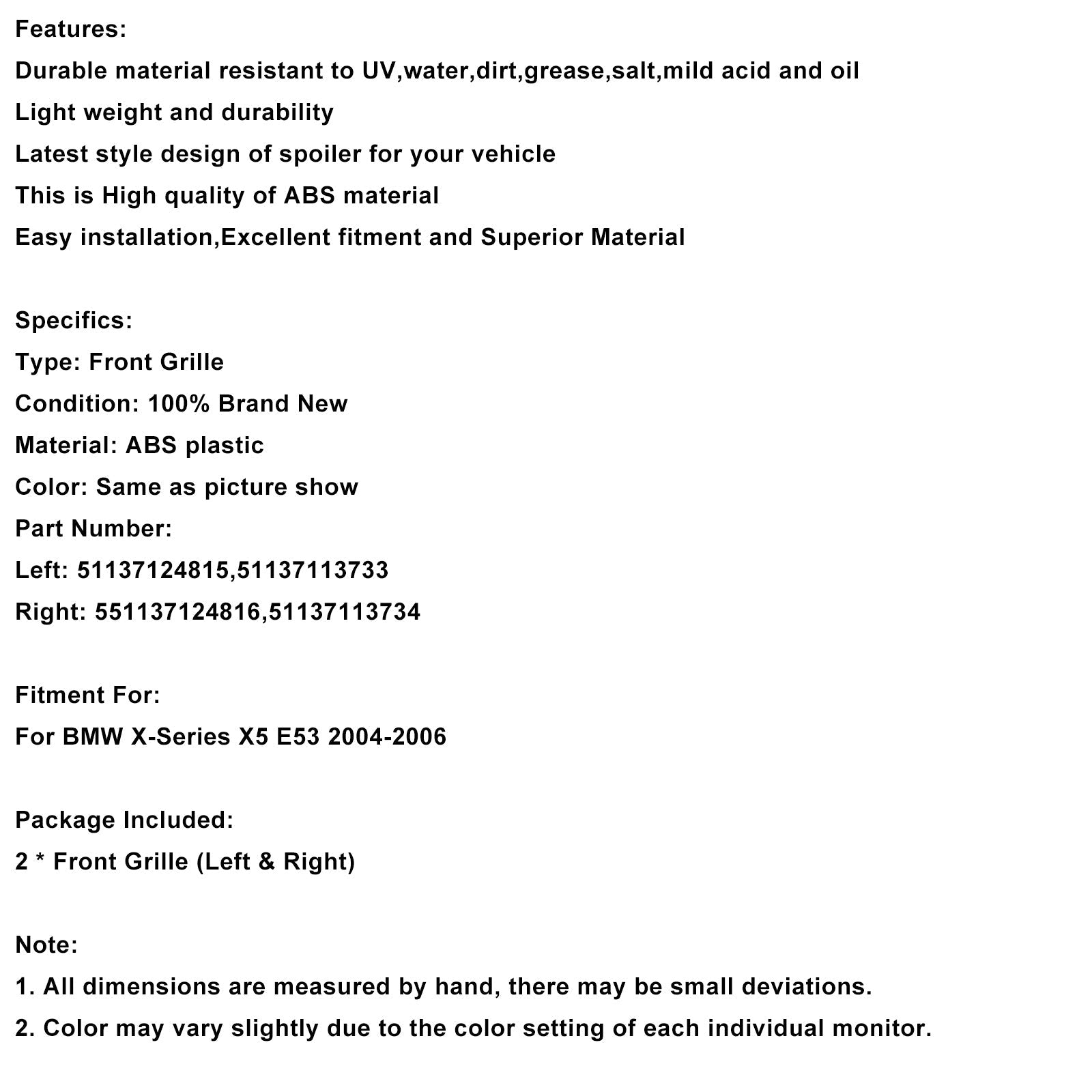 Calandre avant noire brillante pour BMW Série X X5 E53 (2004-2006)