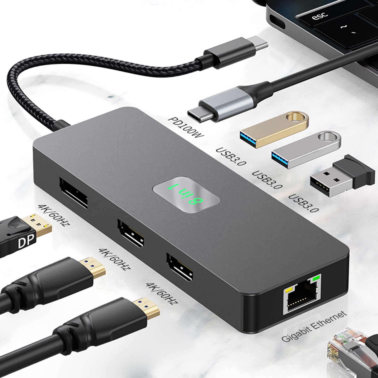 Adaptador de concentrador de interfaz 8 en 1 TYPE-C a RJ45 Gigabit USB 3.0 HDMI DP PD100W