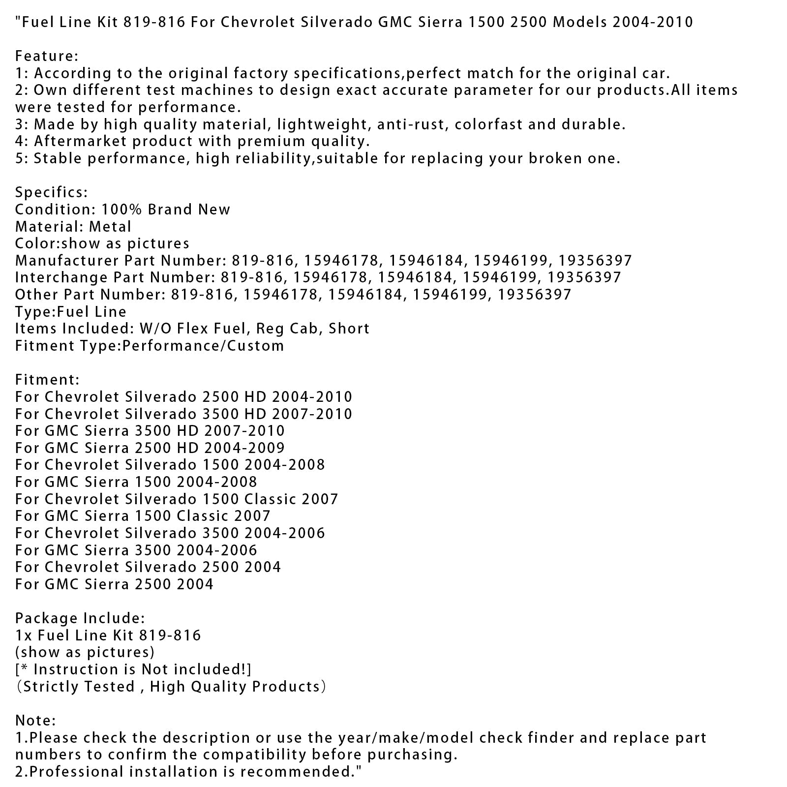 Zestaw przewodu paliwowego 819-816 dla Silverado GMC Sierra 1500 2500 (modele 2004-2010)