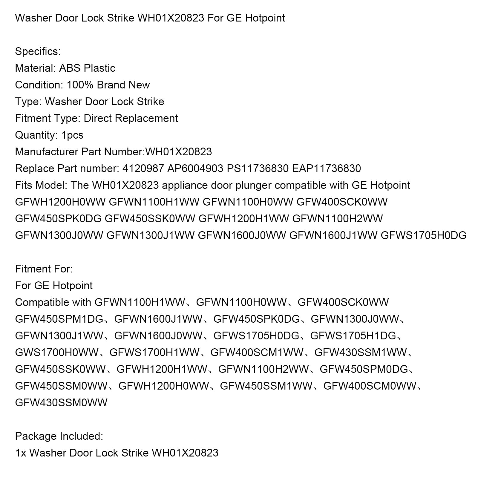 Envoltura de bloqueo de la puerta de lavado WH01x20823 para GE Hotpoint, AP6004903 PS11736830 Reemplazo