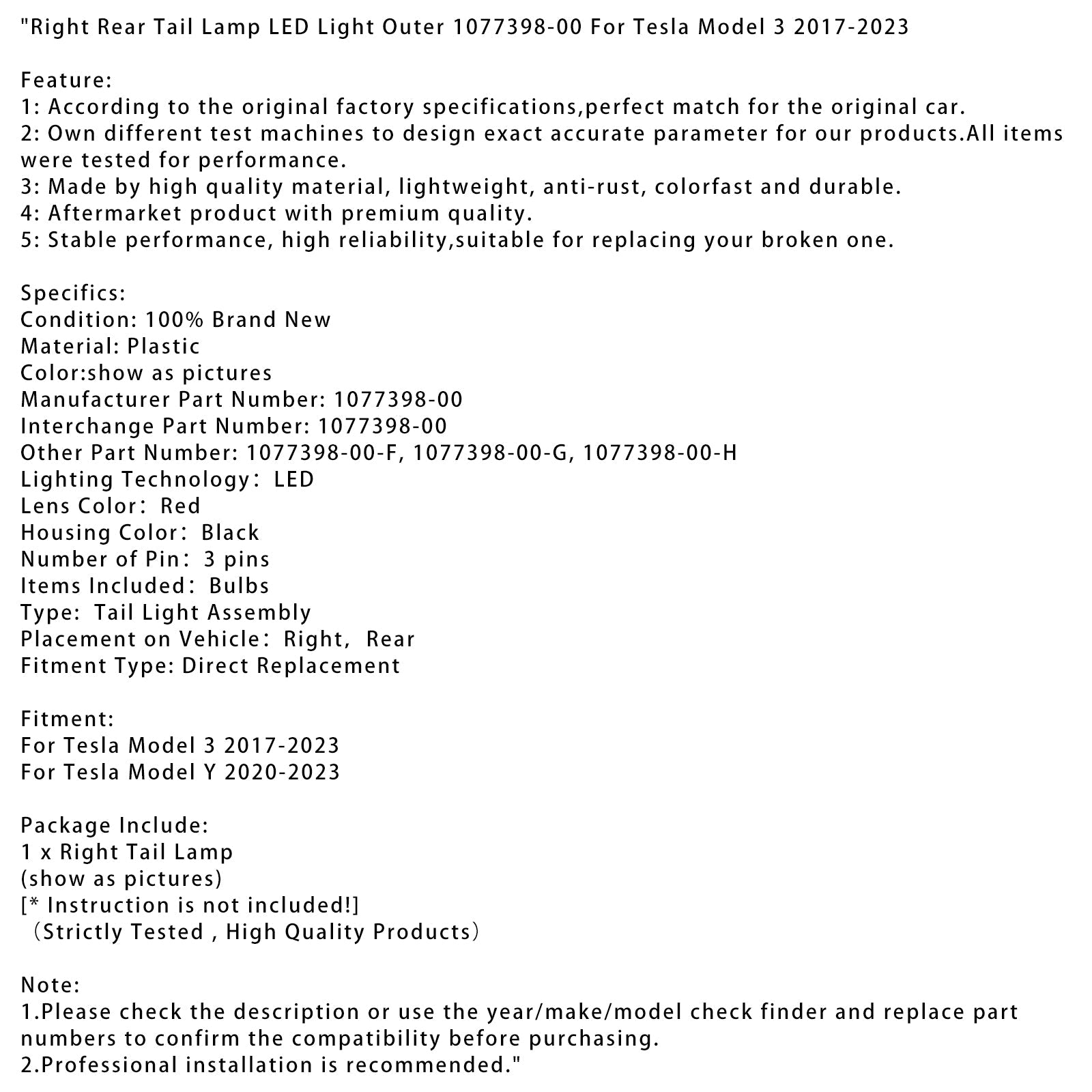 Luce posteriore destra a LED esterno per Tesla Modello Y 2020-2023, Modello 3, 1077398-00