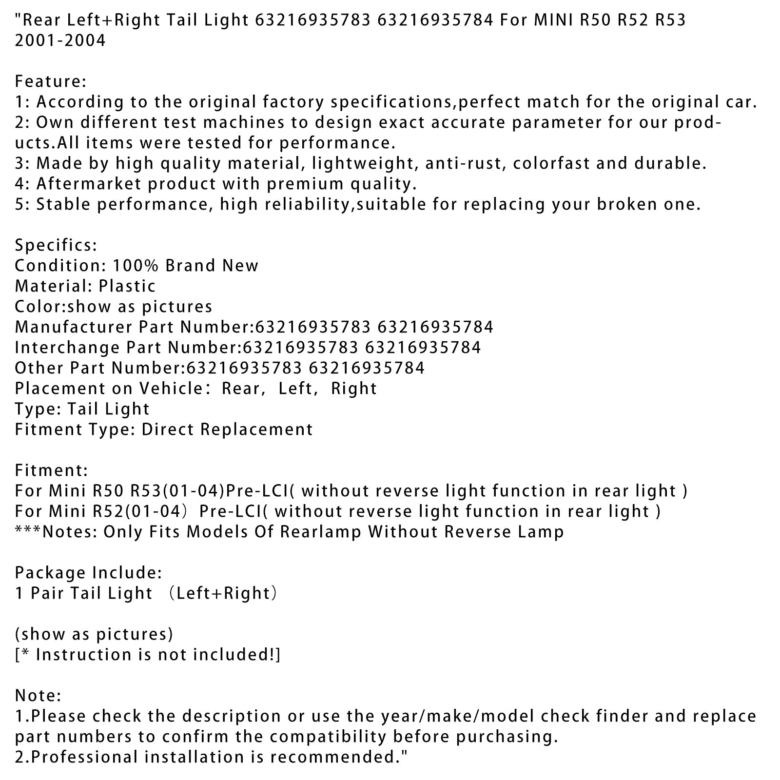 Lampa Tylna Lewa + Prawa MINI R50 R52 R53 2001-2004 63216935783 63216935784