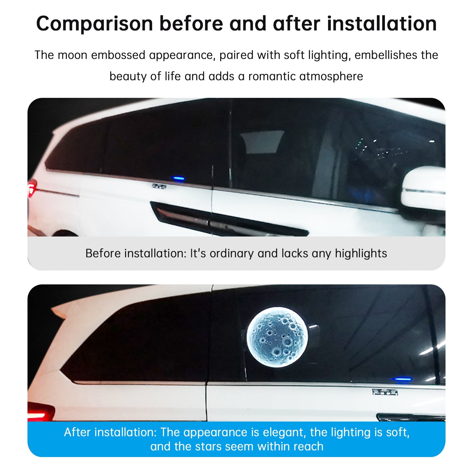 Fuego de bisel de automóvil, fuego lateral, lámpara decorativa de alivio con luna