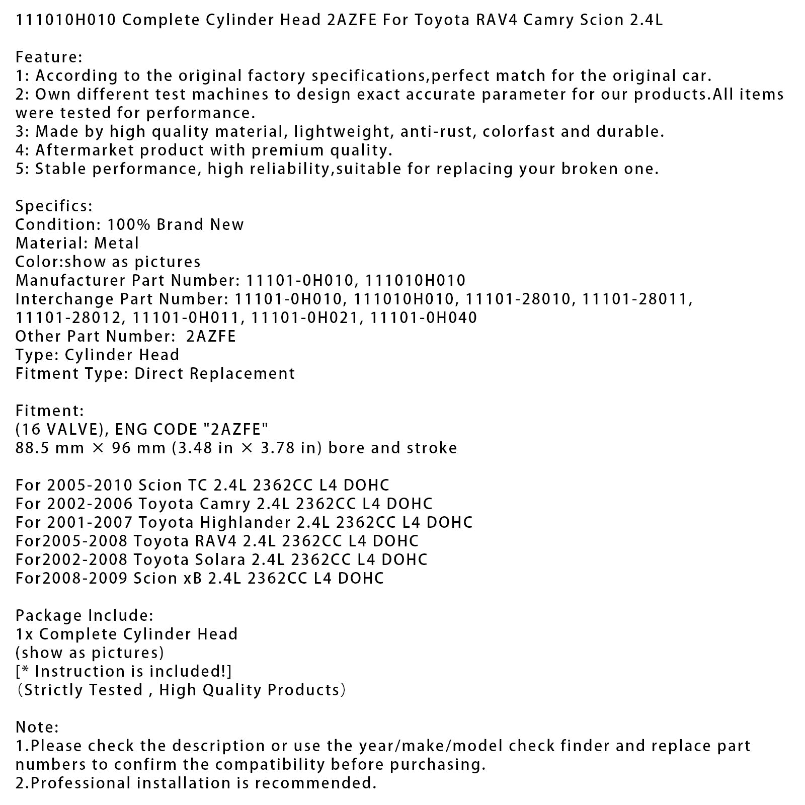 Complete 2azfe Cylinder Head para Toyota Highlander 2.4 L 2 362 CC L4 DOHC 2001-2007