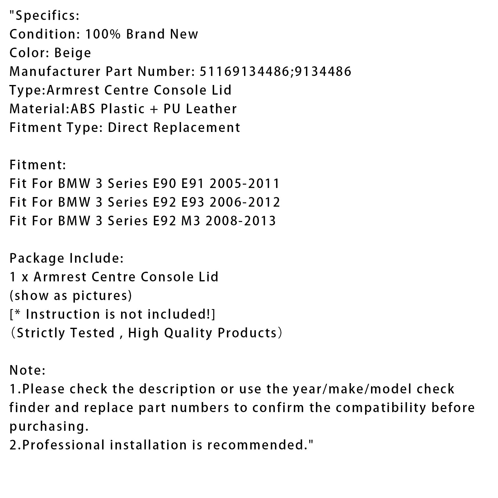 Cubierta de consola de la consola Powerbag de cuero beige para BMW E90 E91 E92 E93 51169134486