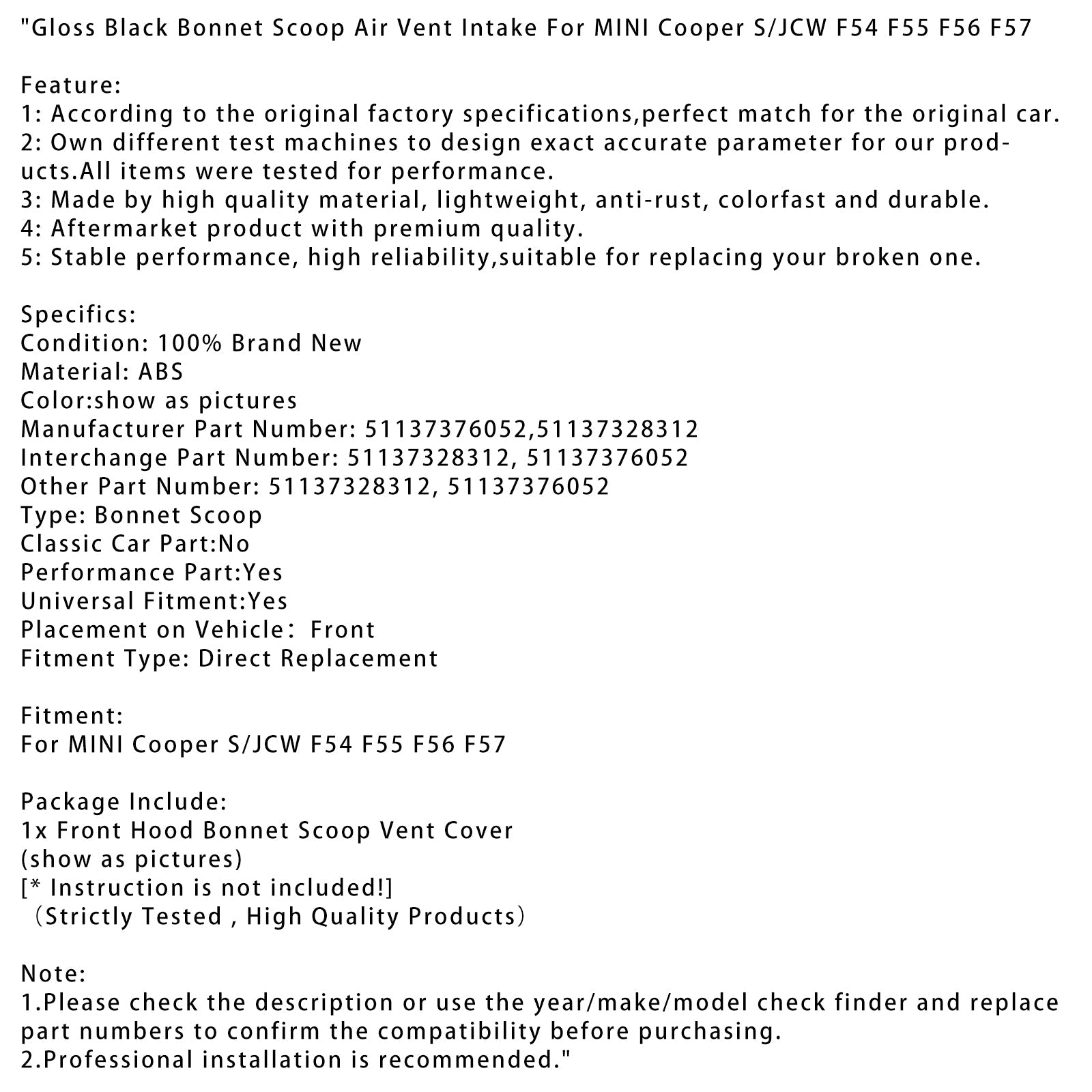 Błyskawiczne wlot powietrza Black Hood dla Mini Cooper S/JCW F54 F55 F57