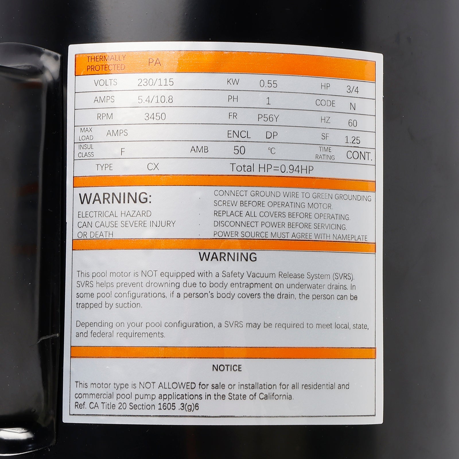 Moteur de pompe de piscine carré à vitesse unique B2852, 3/4 CV, 3 450 tr/min