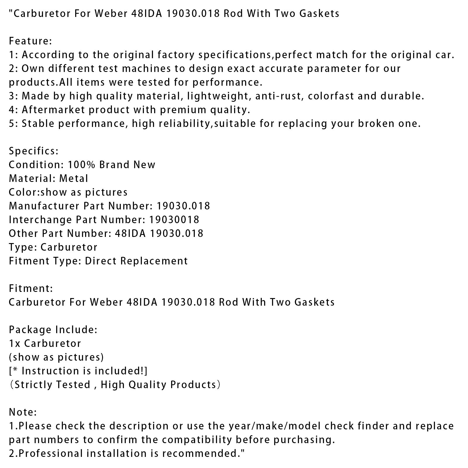 Carburatore per Weber 48ida 19030.018, asta con due sigilli