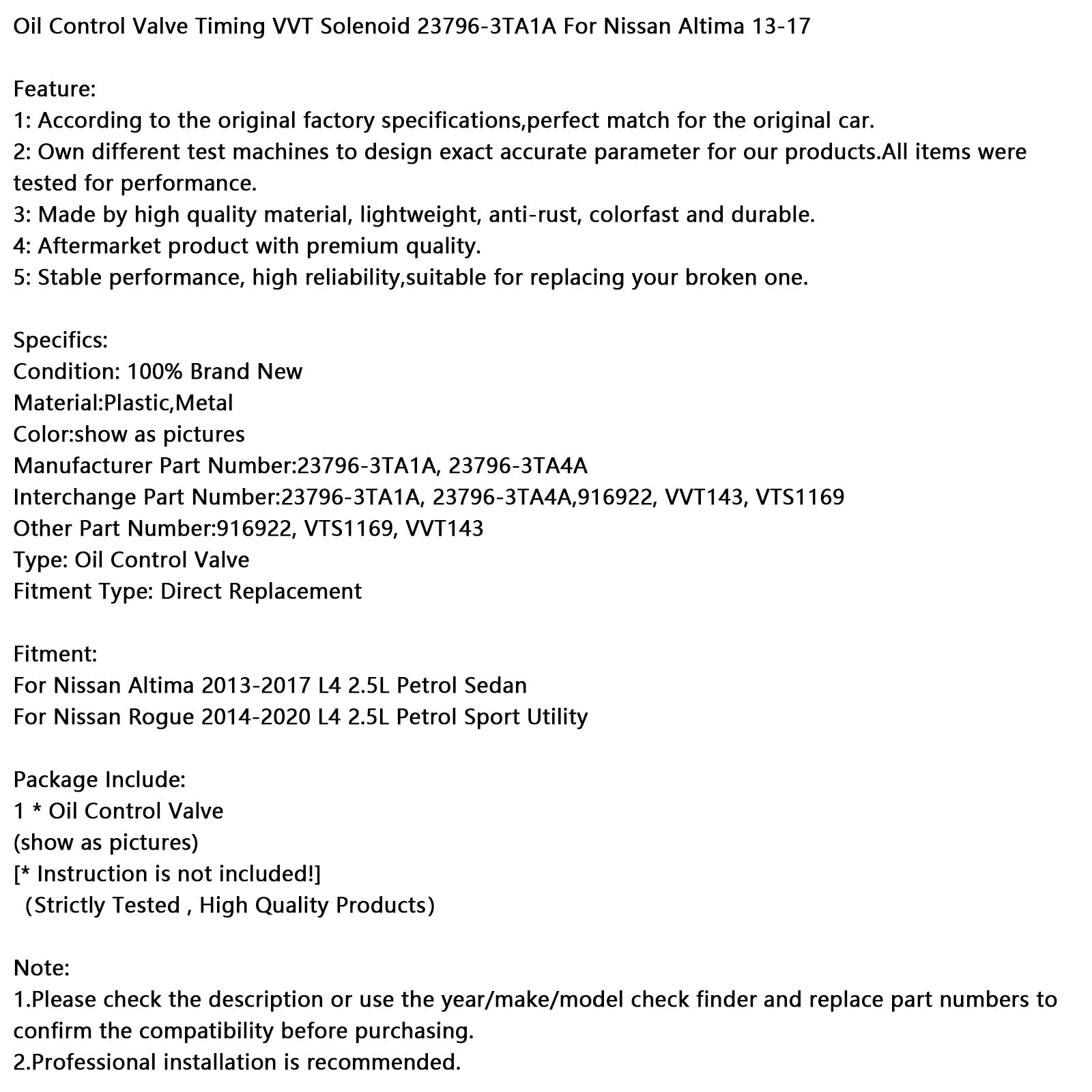 Elettrovalvola per la regolazione'Olio VVT 23796-3TA1A per Nissan Altima 13-17