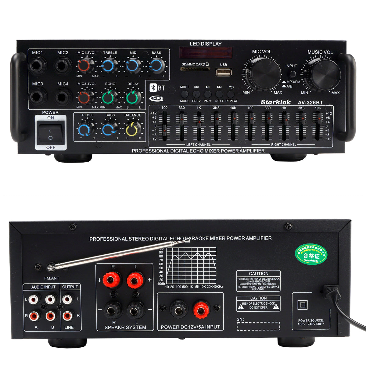 Bluetooth 5.4 HiFi 2500W Peak stéréo Power Amplificateur Karaoké FM USB EQ Mixer