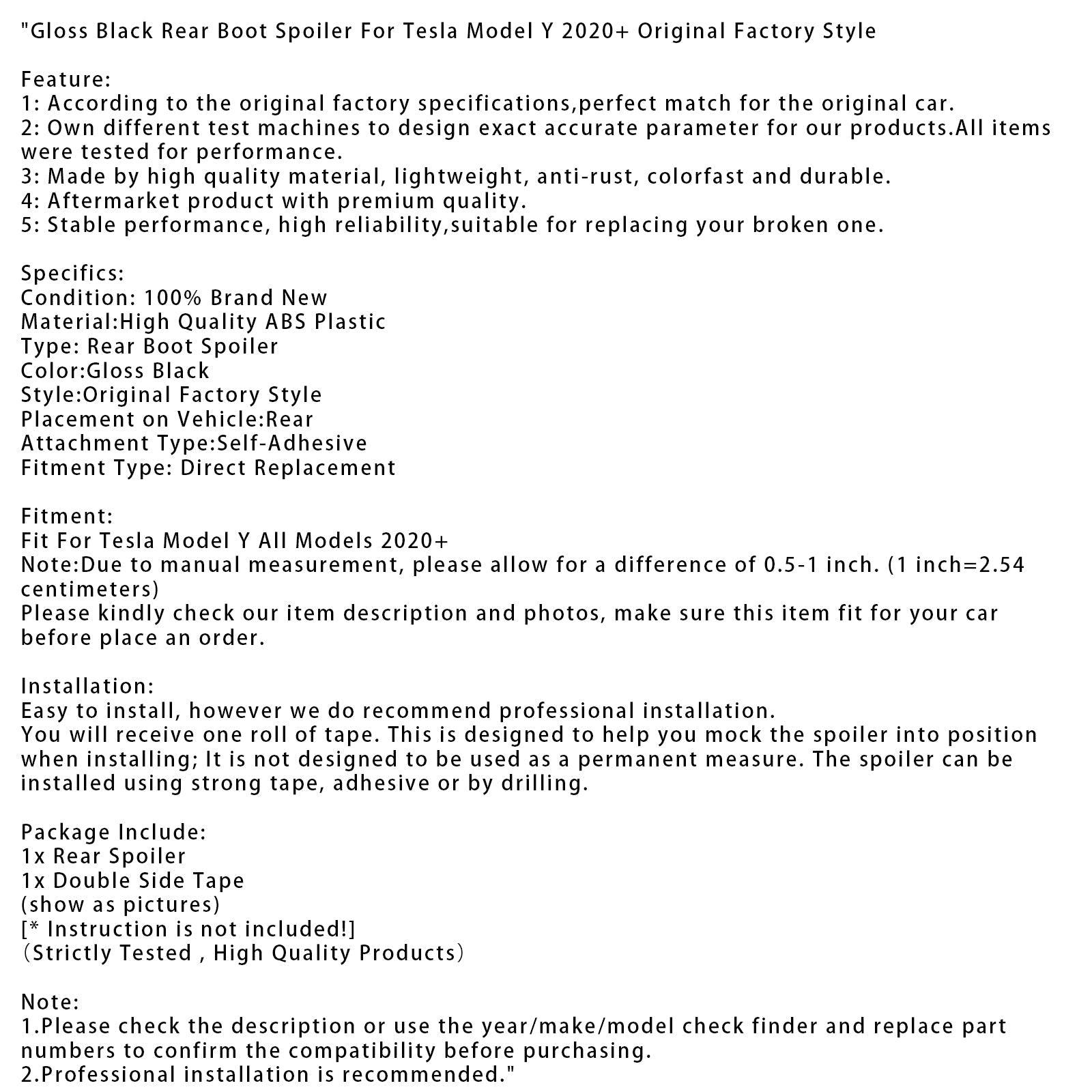 Sijajno črn zadnji spojler za Teslo Model Y 2020+, Style D'izvor