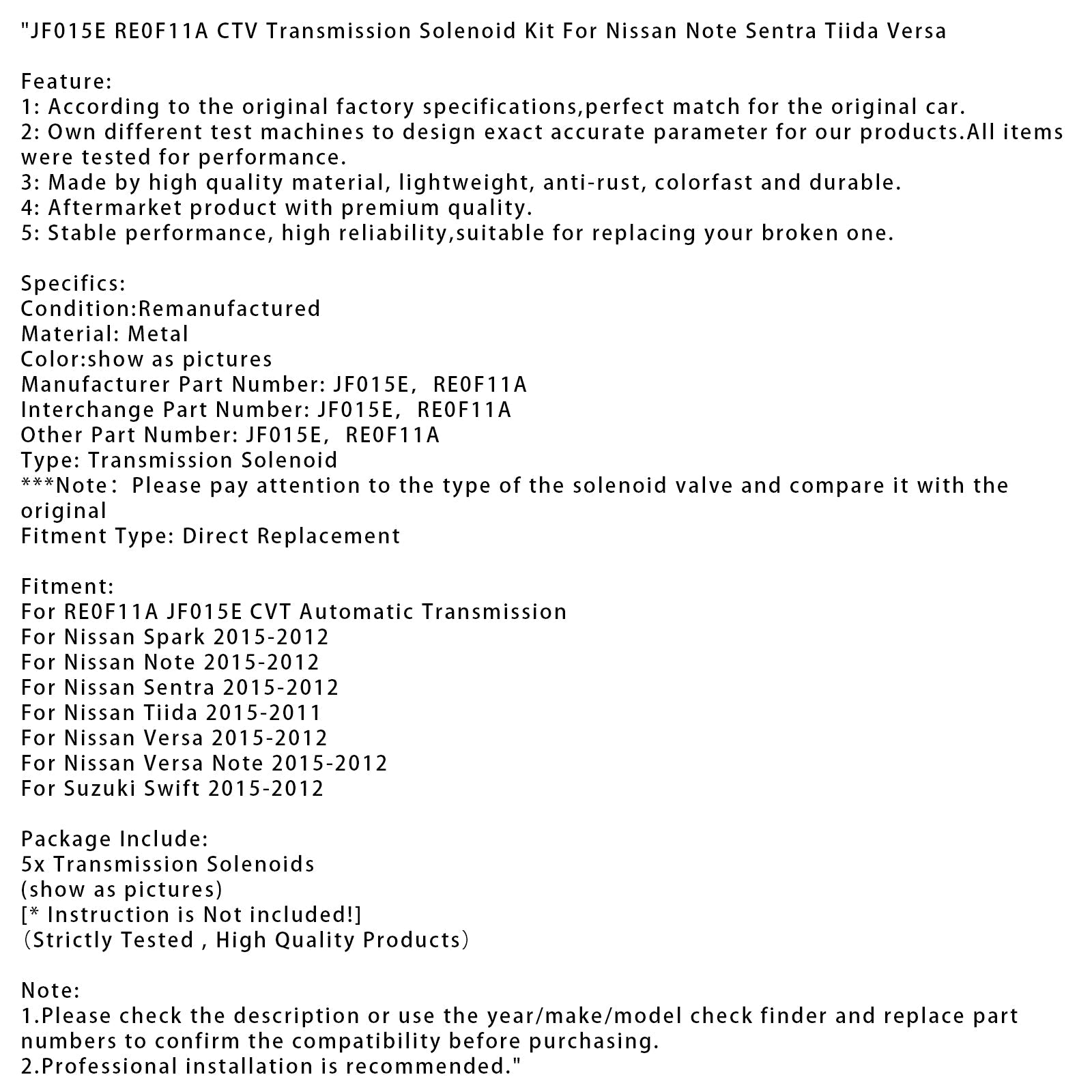 CTV-transmissiesolenoïdeset JF015E RE0F11A voor Nissan Note 2012-2015