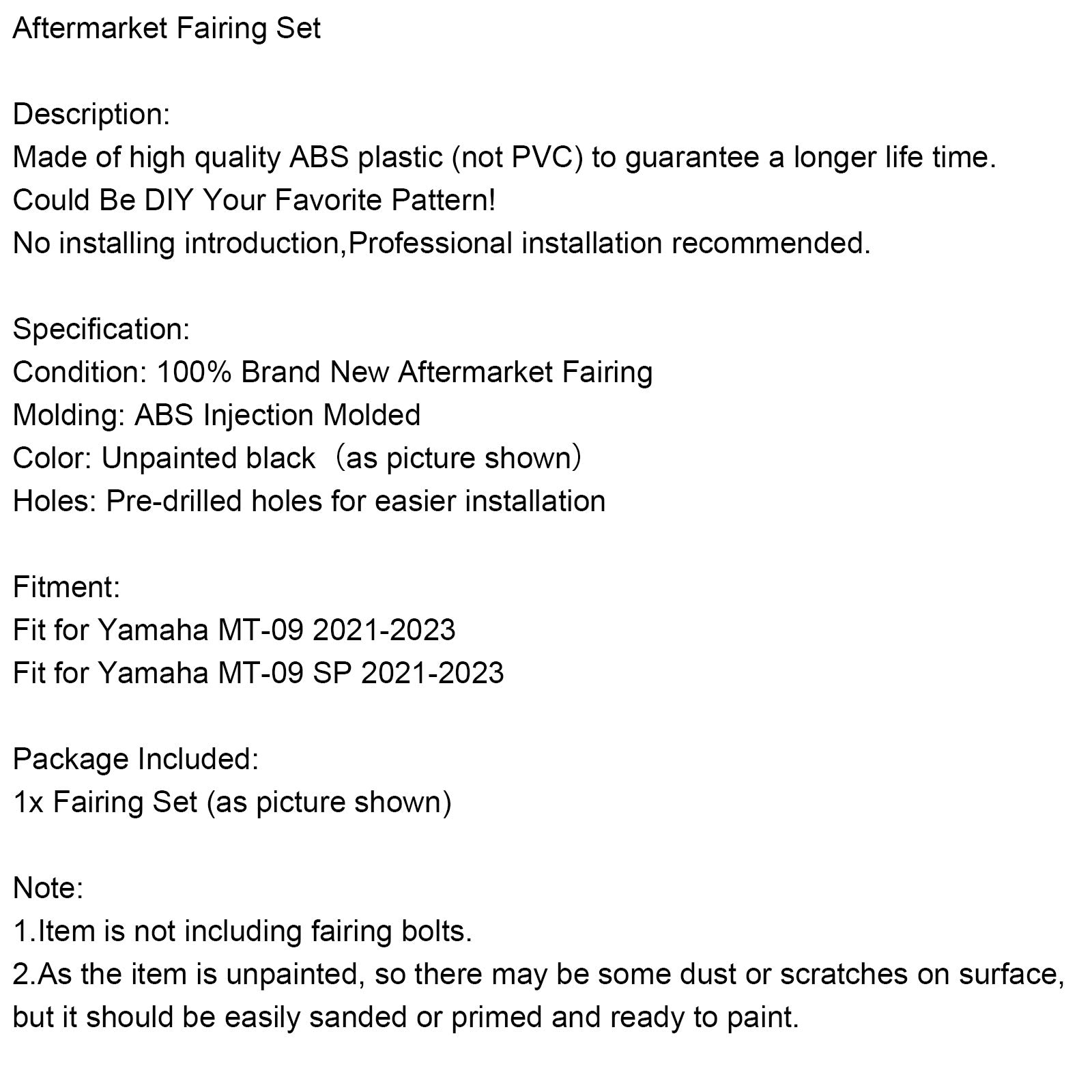 Carénage de carrosserie Injection non peint pour Yamaha MT-09 / MT-09 SP 2021-2023