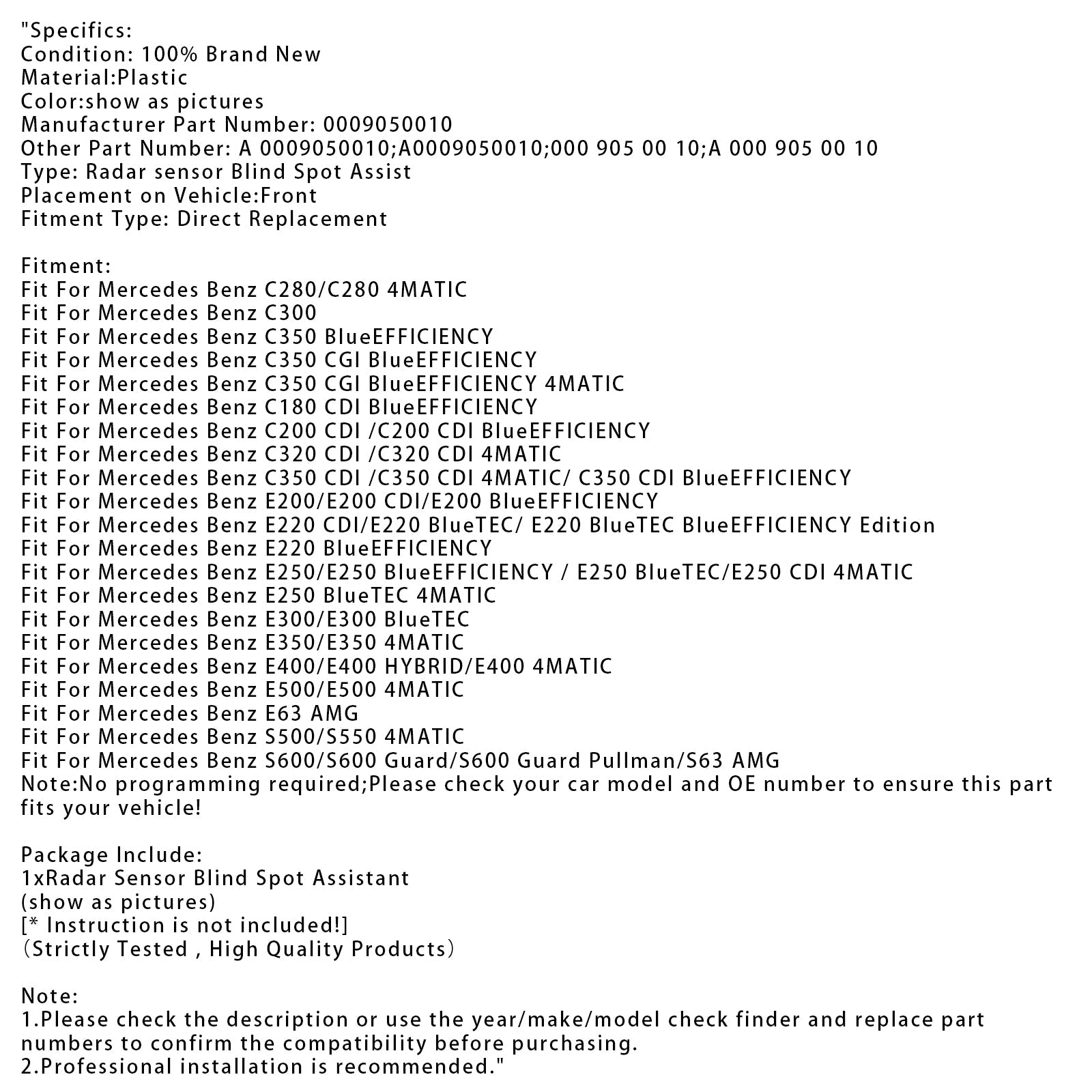 Sensore radar d&#39;angolo cieco per Mercedes Benz E300/E300 BlueTEC, nuovo, A0009050010